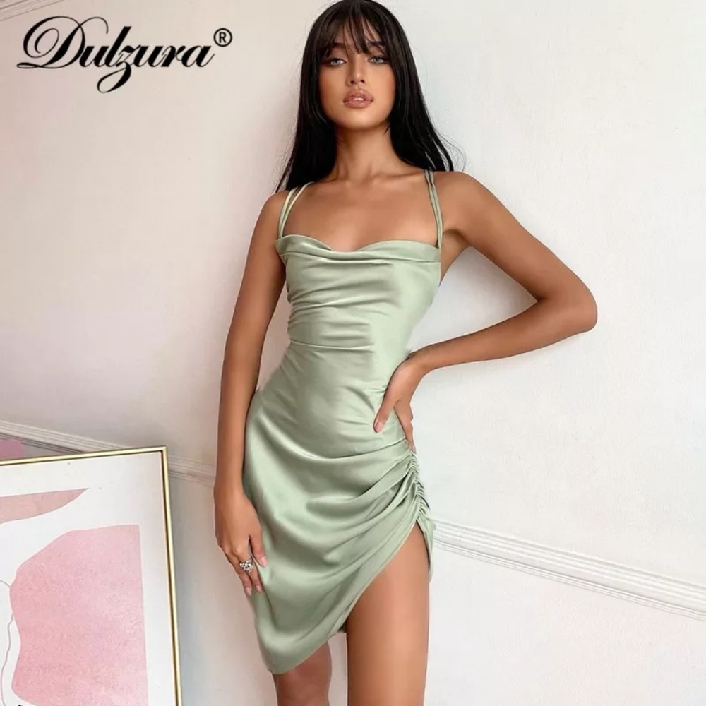 Sleeveless Solid Satin Backless Bandage Dress